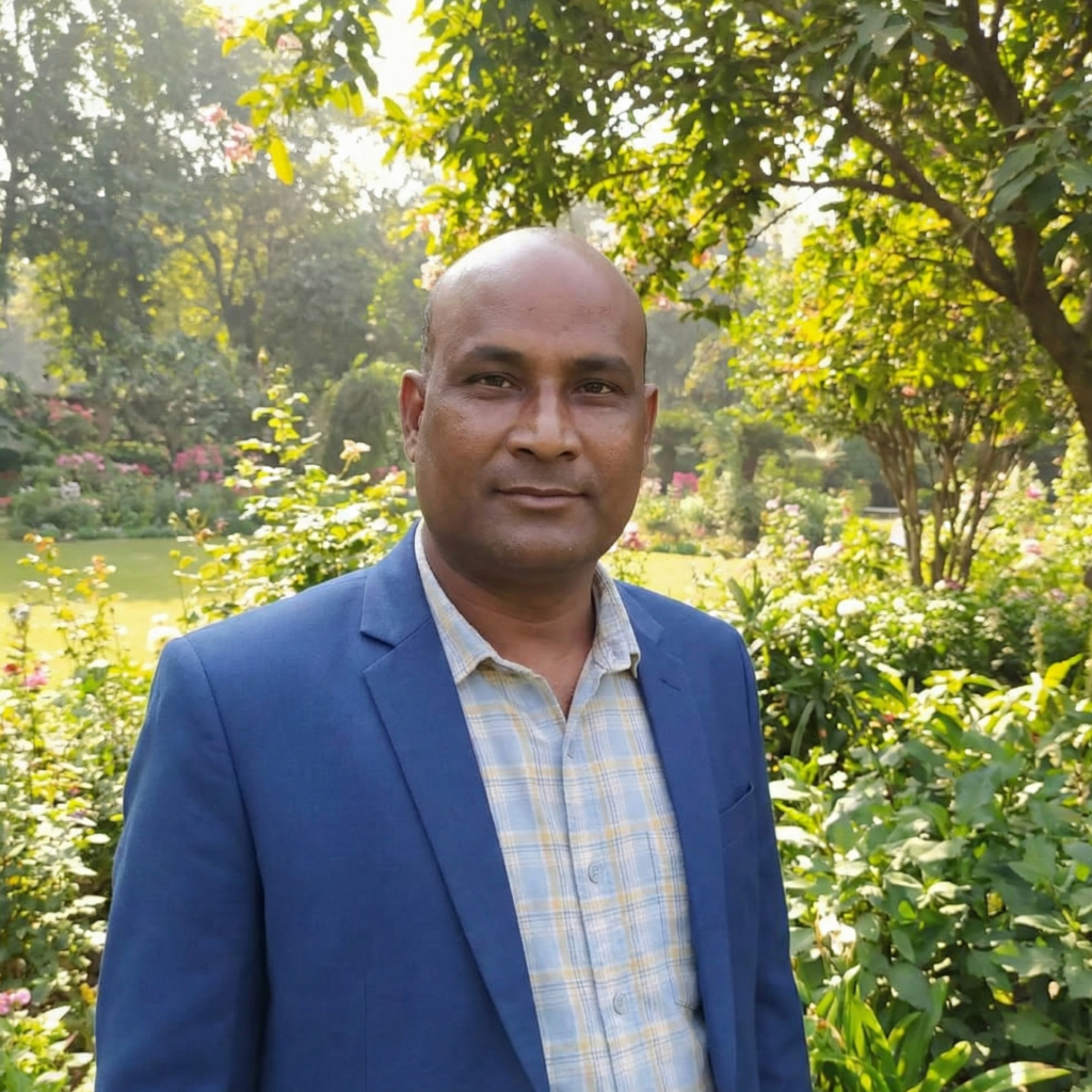 A bald man wearing a blue blazer standing in a sunny park with trees and flowers.