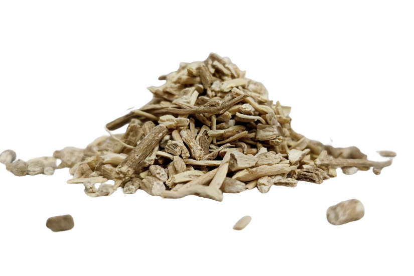 ashwagandha roots coarse cut (Withania somnifera) pile on white background