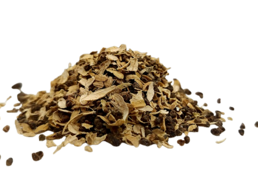 Dried cardamom pods (Elettaria cardamomum) with one opened showing black seeds and fresh leaves on white background
