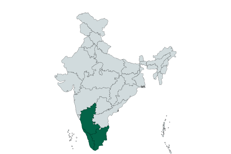 Map of India highlighting major green cardamom growing states in dark green (primarily Kerala, Karnataka, Tamil Nadu)