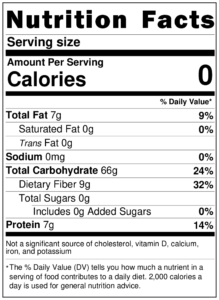 Nutrition Facts label close-up – 0 calories, 9g fiber