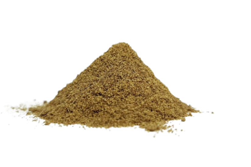 Pile of ground fenugreek seed powder (Trigonella foenum-graecum) on white background
