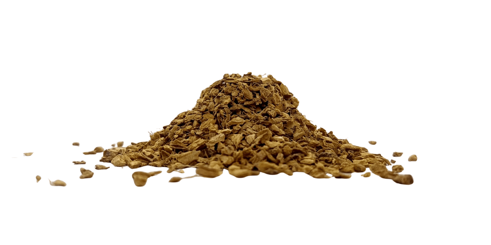 Coarse-cut dried ginger root (Zingiber officinale) pieces on white background
