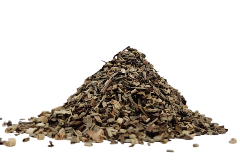 Dried chopped lemongrass pieces (Cymbopogon citratus) pile on white background