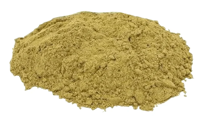 Powdered dried senna leaves (Senna alexandrina) pile on white background