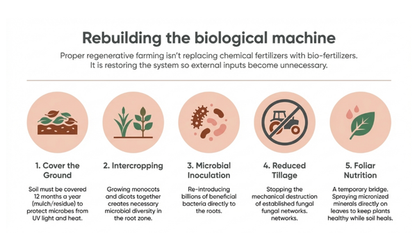 Rebuilding the biological machine in regenerative agriculture: 5 key practices including cover cropping, intercropping, microbial inoculation, reduced tillage, and foliar nutrition to restore soil biology without external inputs.
