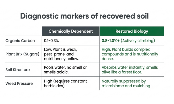 Diagnostic markers of recovered soil in regenerative agriculture: organic carbon, plant Brix, soil structure, and weed pressure comparison between chemically dependent and restored biology systems.