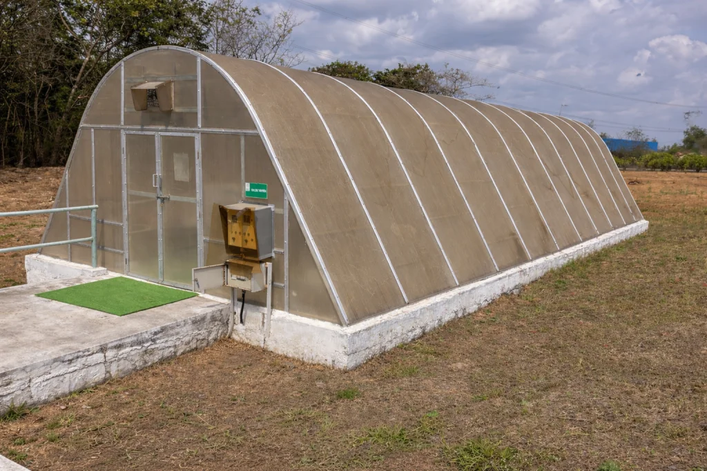 Greenhouse or polytunnel structure with ventilation fan for controlled herb drying